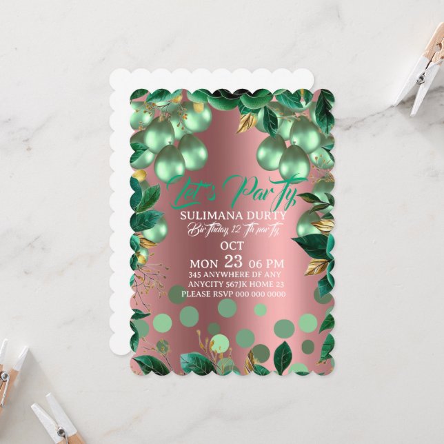 Convite Rose Gold Birthday Invitation Template: Let's Part (Frente/Verso In Situ)