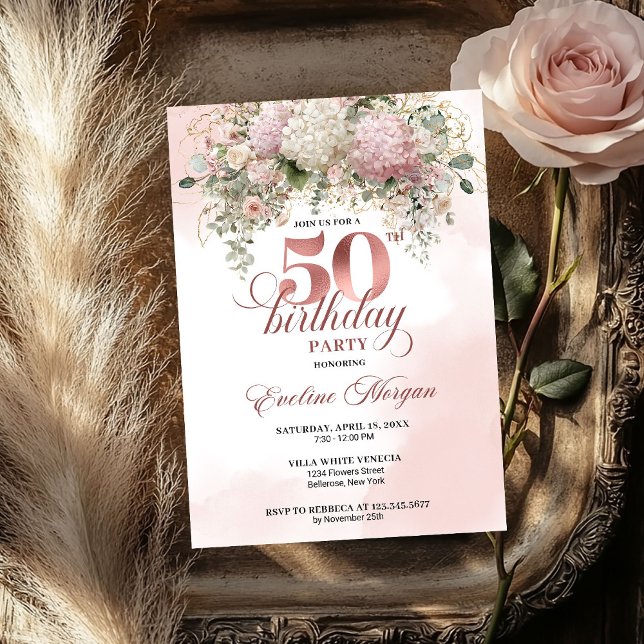 Convite Rose Gold Blush Garden Floral 50th Birthday Invite (Rose Gold Blush Garden Floral 50th Birthday Invitation)