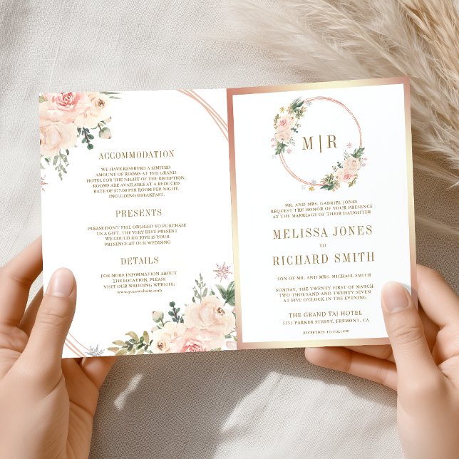 Convite Rose Gold Blush Pink Floral QR Code Wedding (Criador carregado)