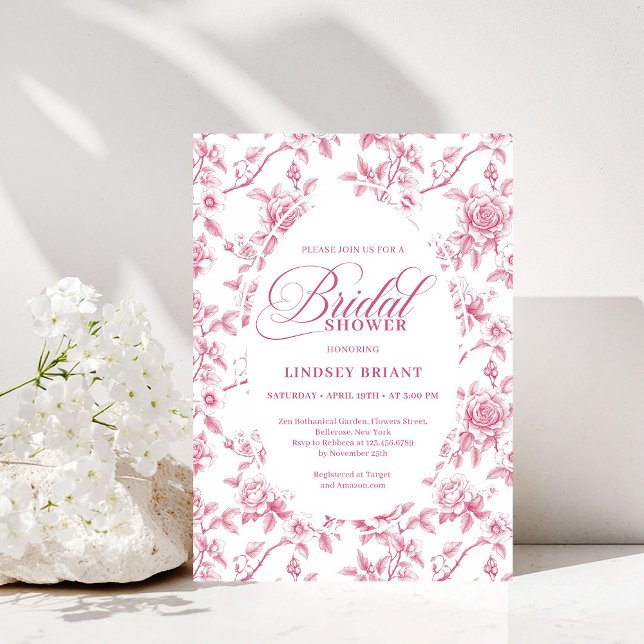 Convite Rose Gold Blush Toile Roses Floral Bridal Shower   (Rose Gold Blush Toile Roses Floral Bridal Shower Invite)