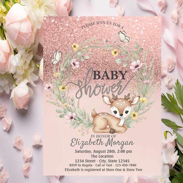 Convite Rose Gold Bokeh,Baby Deer Flowers Baby Shower (Criador carregado)