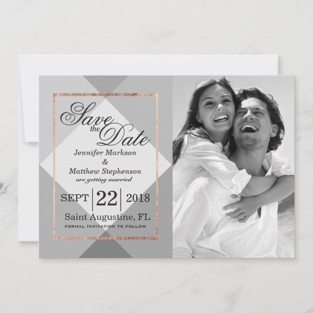 Convite Rose Gold Cinza Geo Save the Dates (Frente)