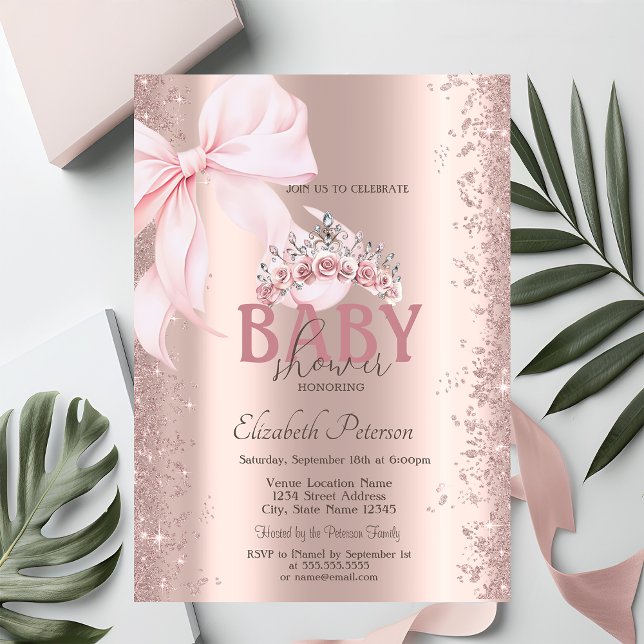Convite Rose Gold Confetti Pink Bow Crown Baby Shower (Criador carregado)