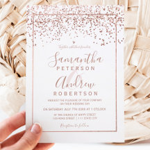 Rose gold confetti white typography wedding