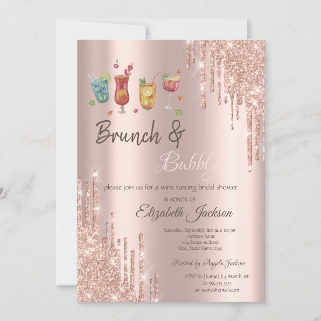 Convite Rose Gold  Drips Coquetéis Brunch & Bubbly (Frente)
