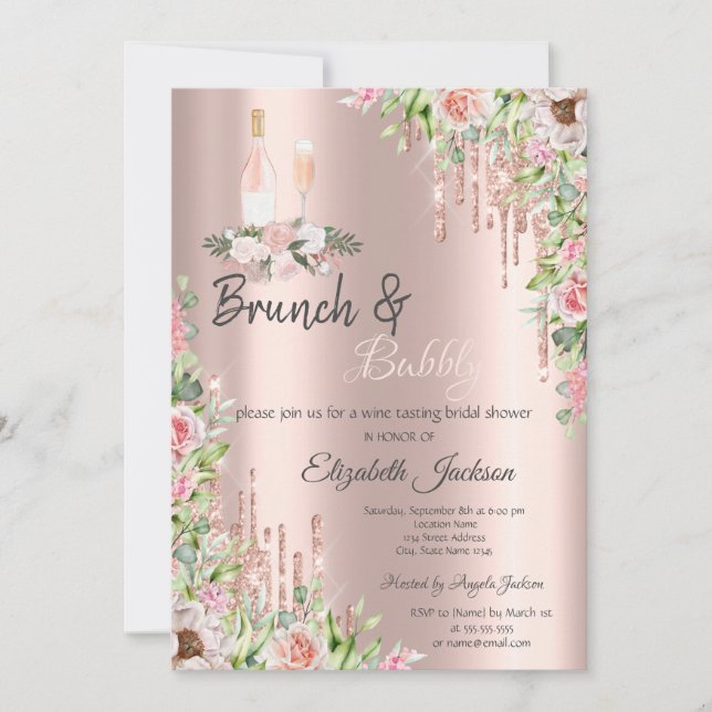 Convite Rose Gold  Drips Roses Brunch & Bubbly (Frente)
