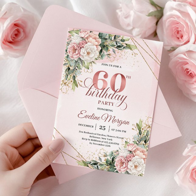 Convite Rose Gold Dusty Pink Floral 60th Birthday Invite (Rose gold floral 60th birthday,
editable custom digital printable,
budget birthday invitation invite)