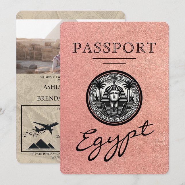 Convite Rose Gold Egypt Passport Wedding Invitation (Frente/Verso)