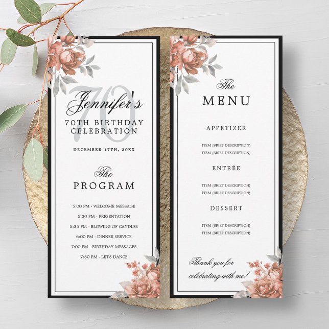 Convite Rose Gold Floral 70th Birthday Program Menu  (Rose Gold Floral 70th Birthday Program Menu )