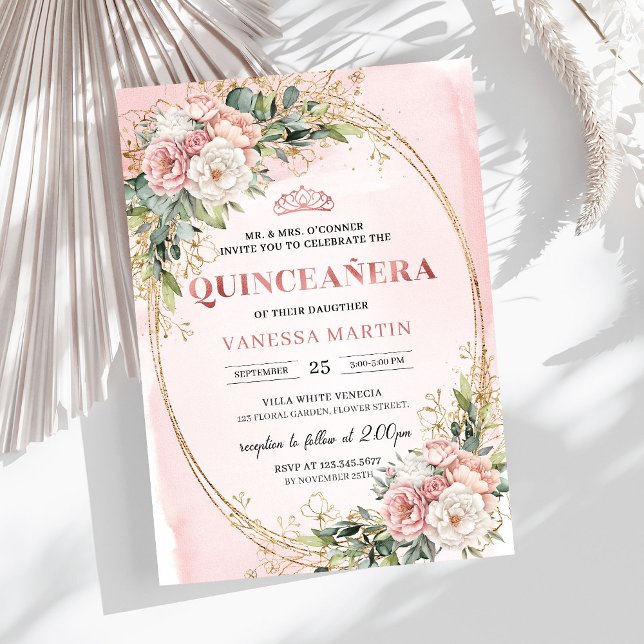 Convite Rose Gold Floral Eucalyptus Quinceañera Invitation (Rose Gold Floral Eucalyptus Quinceañera Invitation)