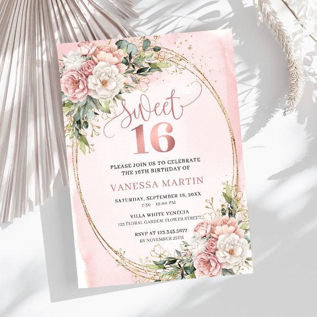 Convite Rose Gold Floral Eucalyptus Sweet Sixteen Invite (Elegant Rose Gold Floral Eucalyptus Sweet Sixteen Invitation

)