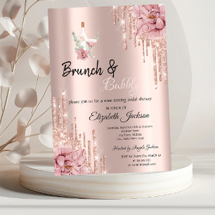 Convite Rose Gold  Flores que Gotejam Vinho Brunch & Espum