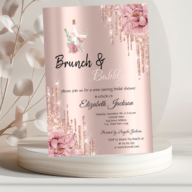 Convite Rose Gold  Flores que Gotejam Vinho Brunch & Espum (Criador carregado)
