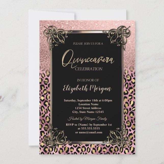 Convite Rose Gold Glitter Border Leopard Quinceañera (Frente)