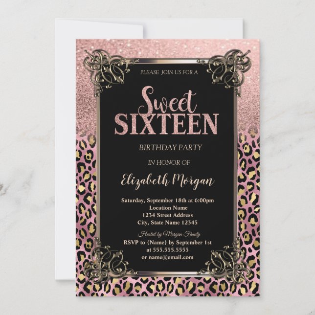 Convite Rose Gold Glitter Border Leopard Sweet 16 (Frente)