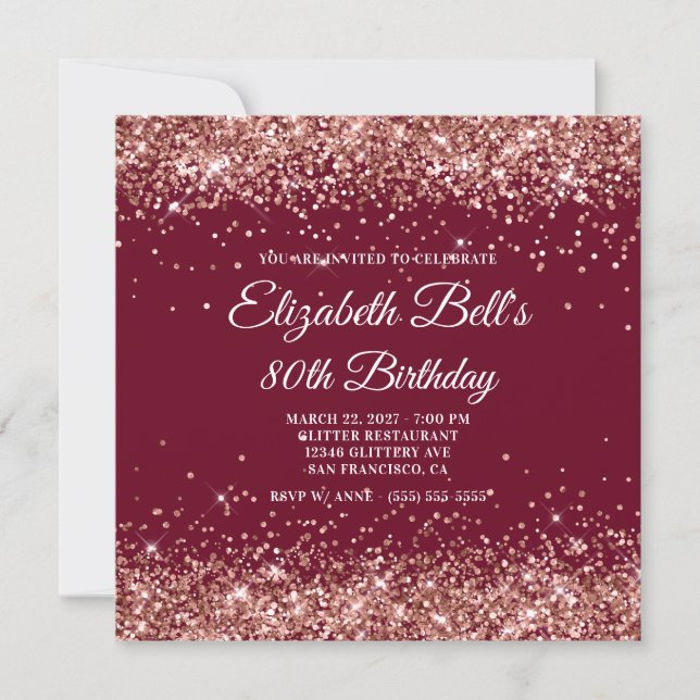 Convite Rose Gold Glitter Burgundy 80th Birthday (Frente)
