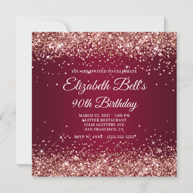 Convite Rose Gold Glitter Burgundy Ombre 90th Birthday (Frente)