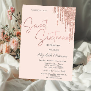 Convite Rose Gold Glitter Drips Blush Pink Sweet 16