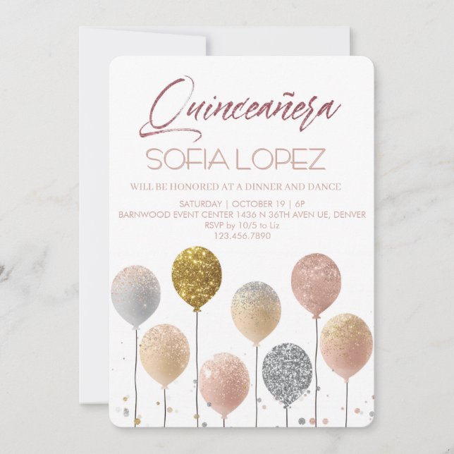 Convite Rose Gold Glitter Elegant Quinceañera  (Frente)