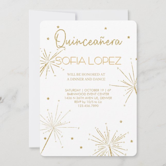 Convite Rose Gold Glitter Elegant Quinceañera  (Frente)