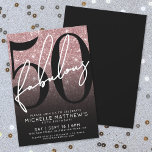 Convite Rose Gold Glitter Fifty Fabulous 50th Birthday<br><div class="desc">Celebrate in style with this modern black and white Fabulous Birthday Party Invitation, perfect for a “Fifty and Fabulous” celebration or any milestone event. The design features a sleek faux rose gold glitter background that fades into a black gradient at the bottom for a bold, elegant look. A large black...</div>