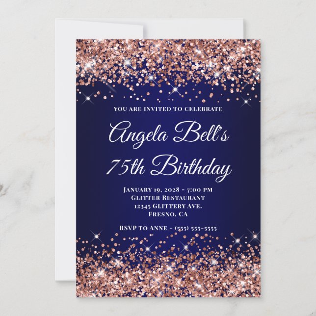 Convite Rose Gold Glitter Navy Blue Ombre 75th Birthday (Frente)