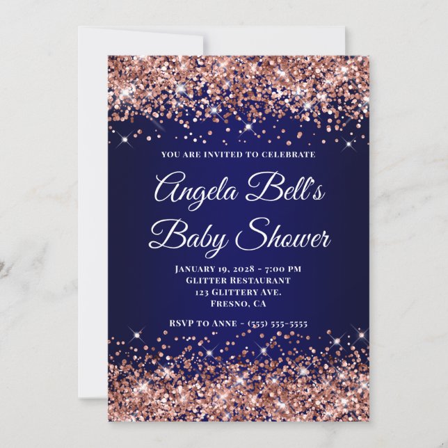 Convite Rose Gold Glitter Navy Blue Ombre Baby Shower (Frente)