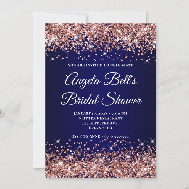 Convite Rose Gold Glitter Navy Blue Ombre Bridal Shower (Frente)