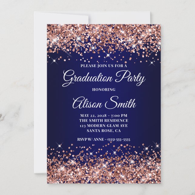 Convite Rose Gold Glitter Navy Blue Ombre Graduation Party (Frente)