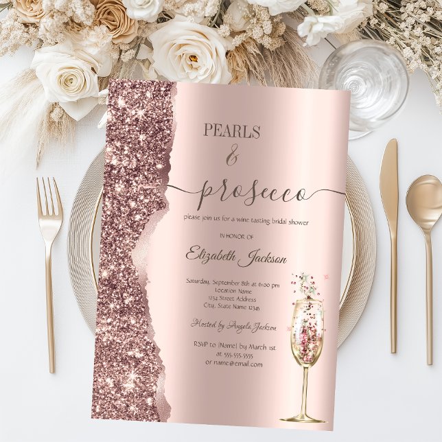 Convite Rose Gold Glitter Pearls & Prosecco Bridal Shower (Criador carregado)