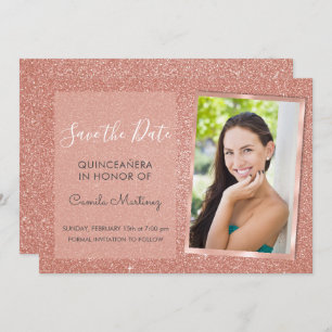 Convite Rose Gold Glitter Quinceanera Guarde a Data