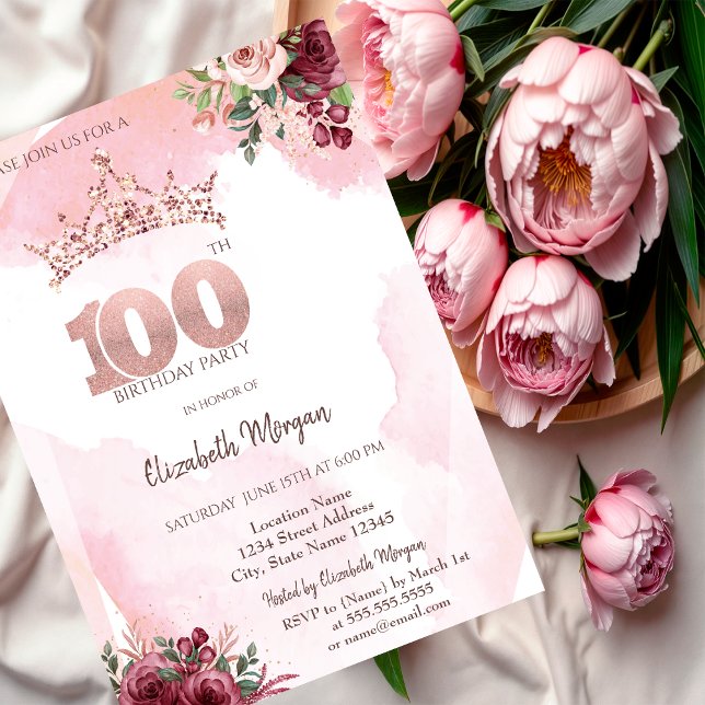 Convite  Rose Gold Glitter Roses Crown 100th Birthday  (Criador carregado)
