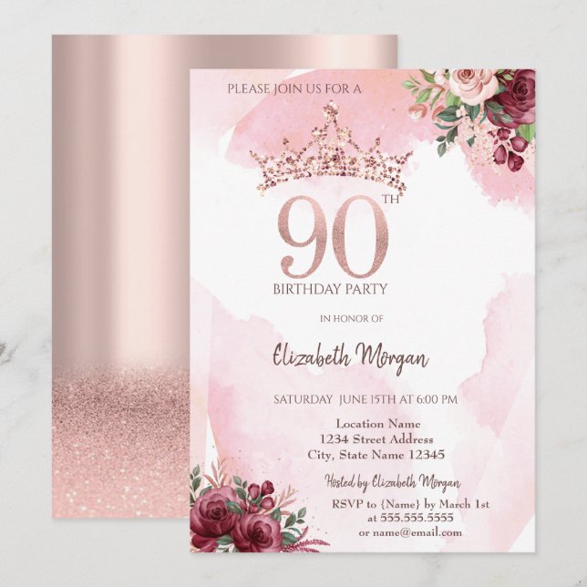 Convite  Rose Gold Glitter Roses Crown 90th Birthday Party (Frente/Verso)