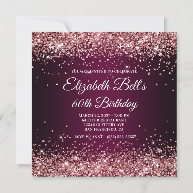 Convite Rose Gold Glitter Wine Dark Ombre 60th Birthday (Frente)
