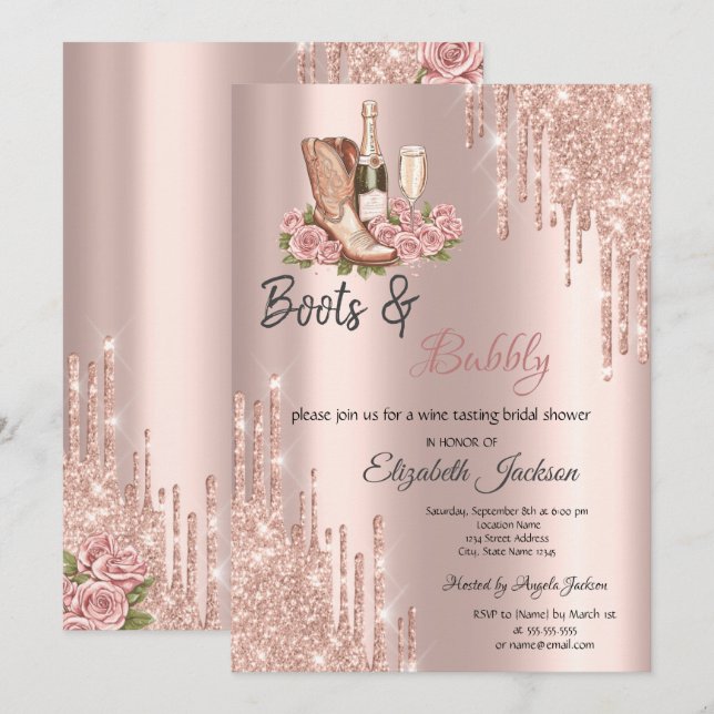 Convite Rose Gold  Gotas de Vinho Botas & Bridal Bubbly  (Frente/Verso)