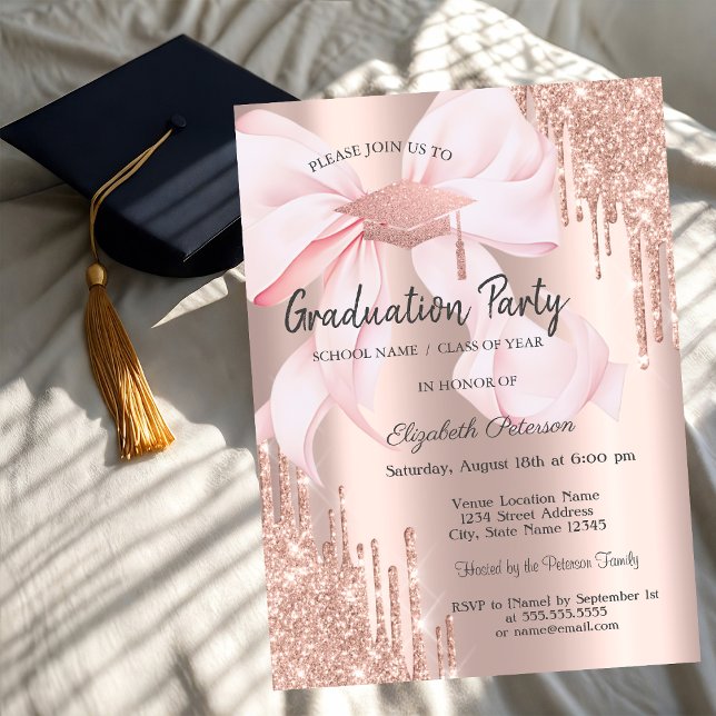 Convite Rose Gold Grad Cap Drips Bow Photo Graduation (Criador carregado)