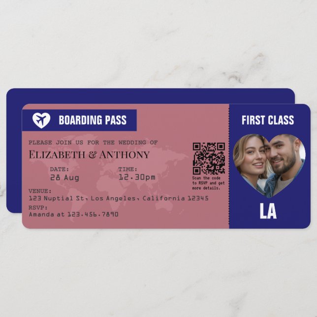 Convite Rose Gold & Midnight Blue Boarding Pass Wedding (Frente/Verso)