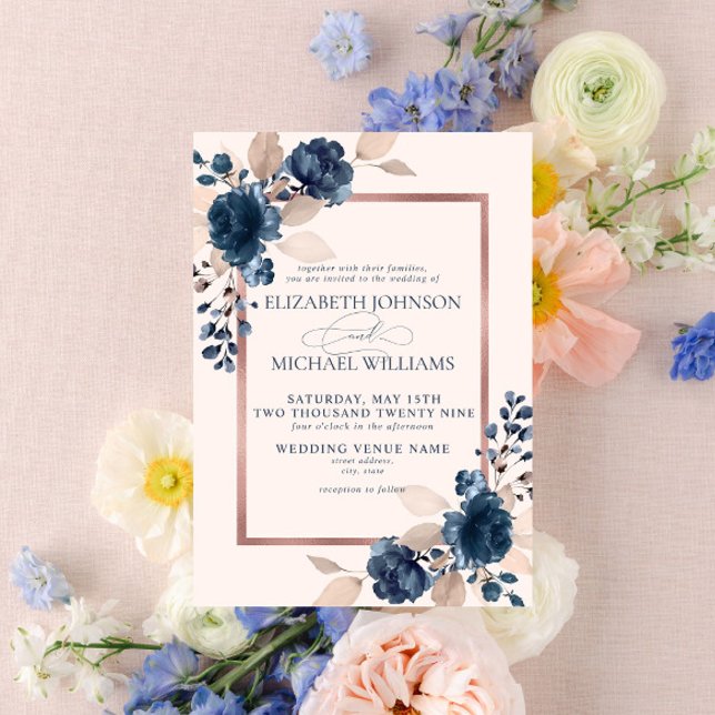 Convite Rose Gold Navy Blue Dusty Pink Floral Wedding Invi (Criador carregado)