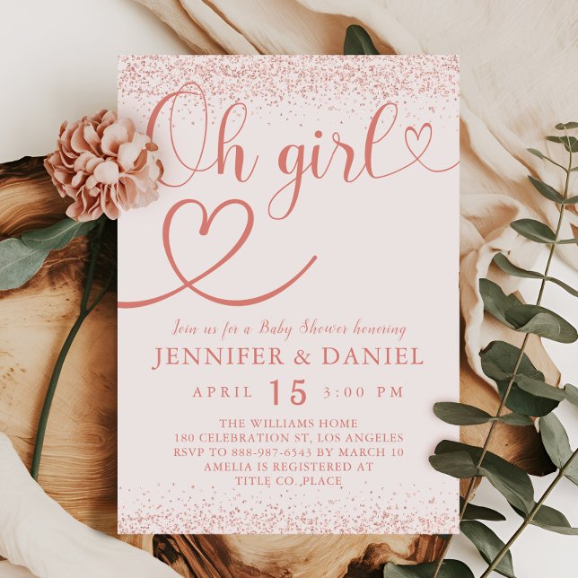 Convite Rose Gold Oh Girl Blush Confetti Script (Criador carregado)