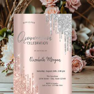 Convite Rose Gold Prata Brilho Gotas Quinceañera