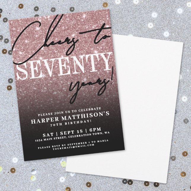 Convite Rose Gold Setenta 70º Aniversário (Black Rose Gold Seventy 70th Birthday Invitation)