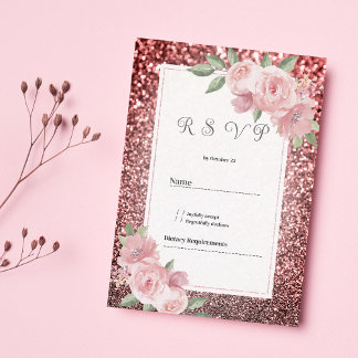 Convite Rose gold silver glitter pink floral RSVP 