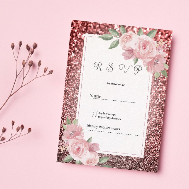Convite Rose gold silver glitter pink floral RSVP  (Rose gold silver glitter pink floral RSVP )
