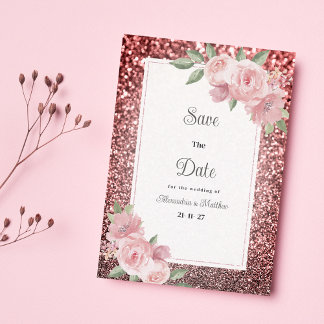 Convite Rose gold silver glitter pink floral Save The Date