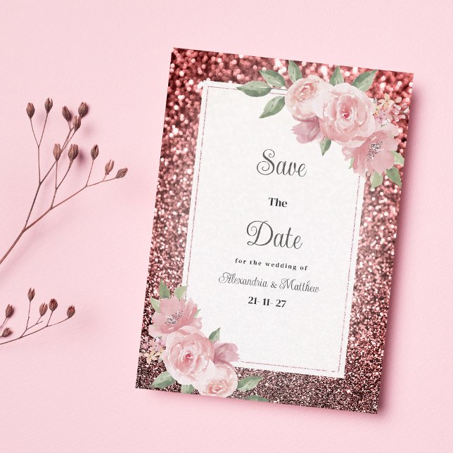 Convite Rose gold silver glitter pink floral Save The Date (Rose gold silver glitter pink floral Save The Date )