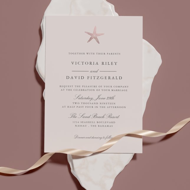 Convite Rose Gold Starfish Elegant Ocean Beach wedding (Criador carregado)
