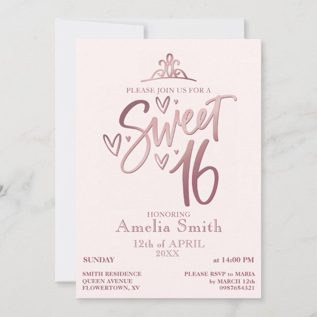 Convite Rose Gold Sweet 16 Invitation Template (Frente)