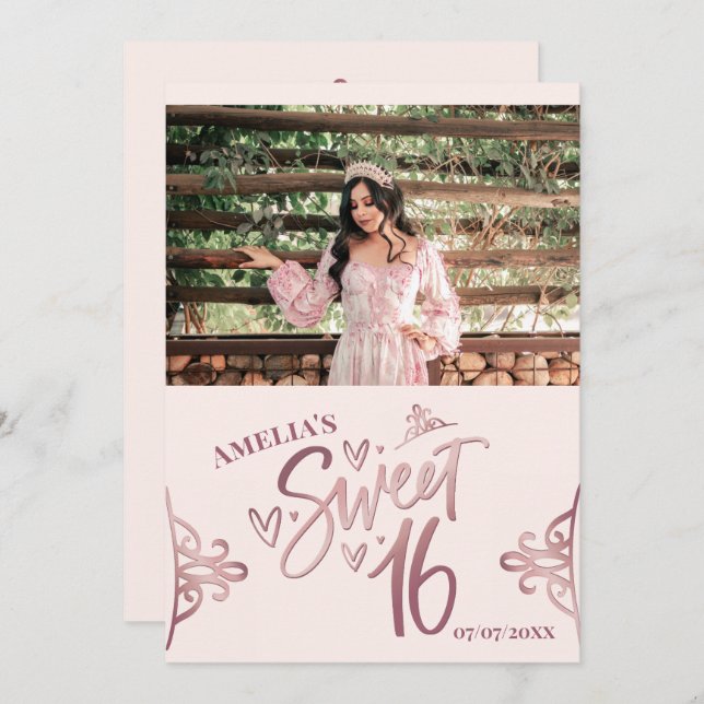 Convite Rose Gold Sweet 16 Thank you card Template (Frente/Verso)