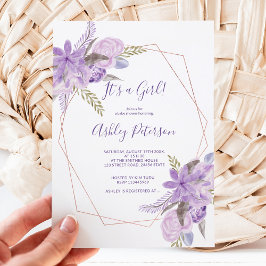 Convite Rose gold watercolor purple floral baby shower