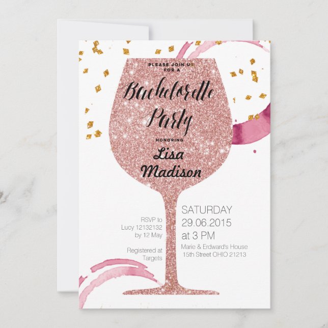 Convite Rose Gold Wine Bachelorette Party (Frente)